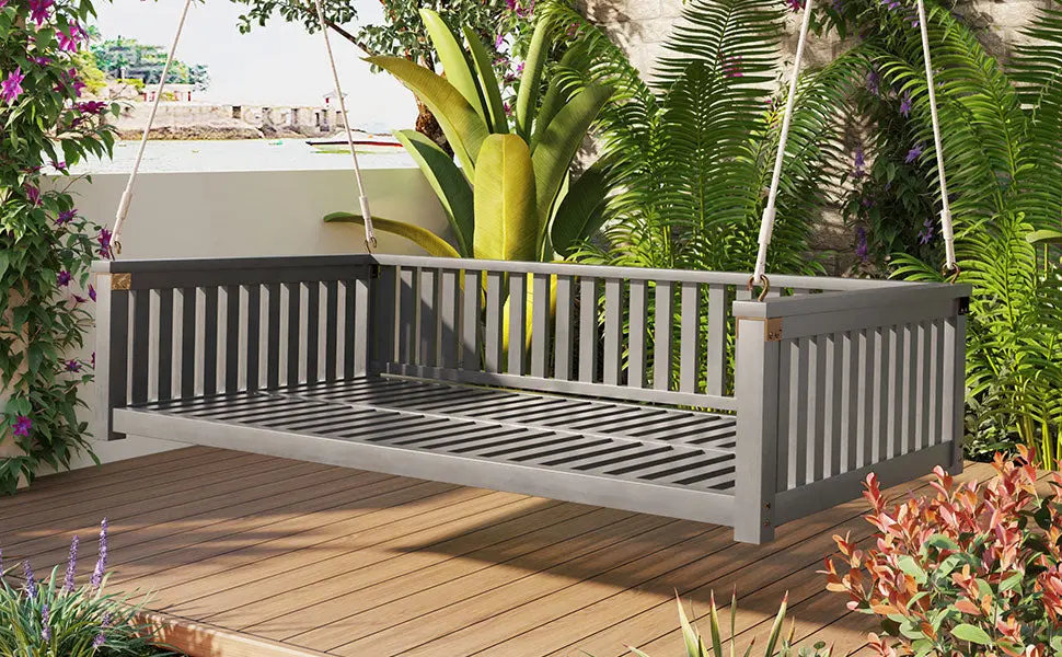 Patio Minimalist Twin Size Garden Swing Bed Wood Porch Swing Rope rnb