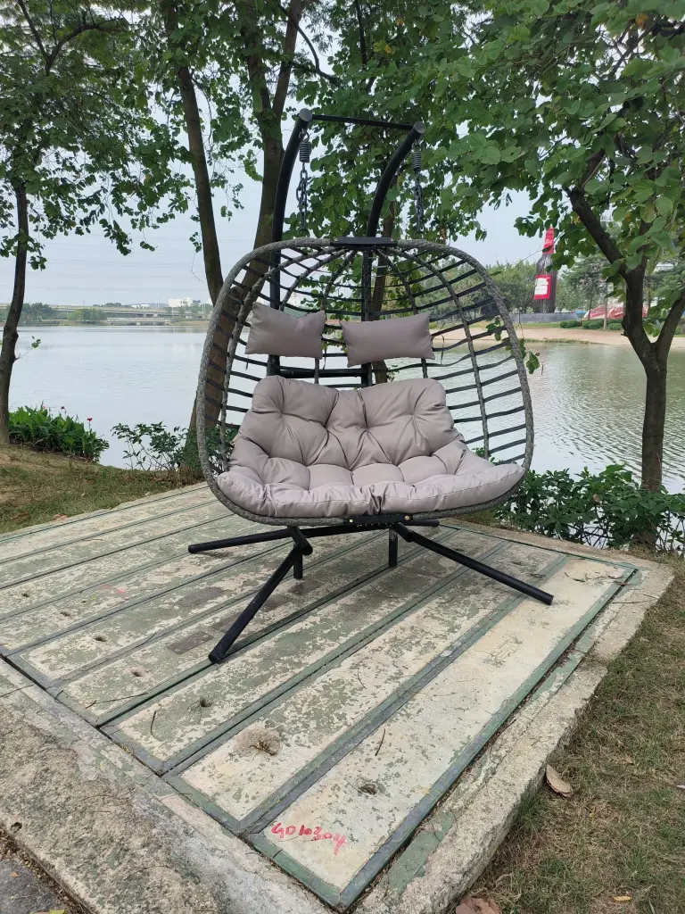 2 Person Wicker Double Swing Chair Cushion Grey Dark Gray Steel Frame Outdoor Hanging Chair sfl store-w349