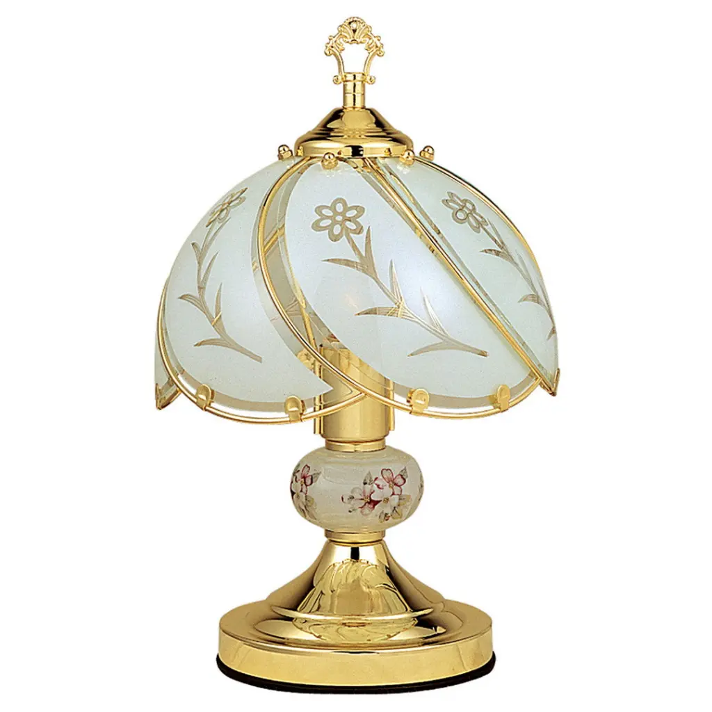 14.25 Inch Tall Touch Table Lamp Brushed Gold Finish and Floral Patterned Glass california home