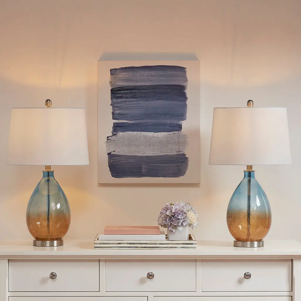 Cortina Ombre Glass Table Lamp Set 2 Blue Cotton Shade Bedside Lamps jla