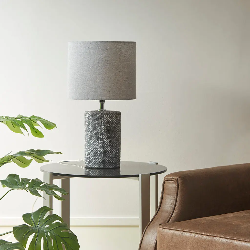 Embossed Ceramic Table Lamp Grey Polyester Bedroom or Living Room jla