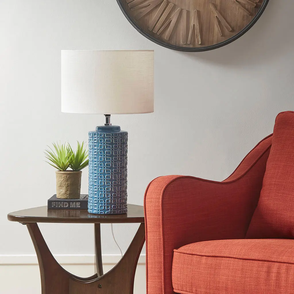 Geometric Ceramic Table Lamp Blue Polyester Modern Home Lighting jla