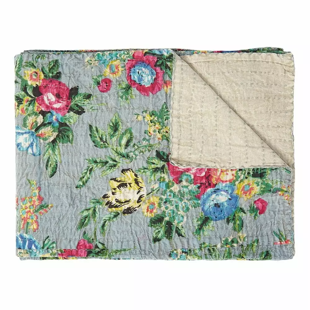 HomeRoots 50x70 Pink Gray Blue Kantha Cotton Floral Throw Blanket Embroidery Bed Bath & Beyond