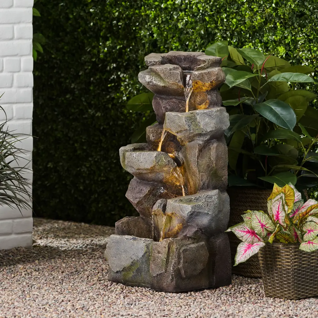 Apache 4 Tier Outdoor Fountain Candler Stone Gray No Assembly Required nh-cozy home