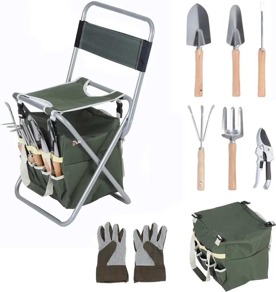 9 Pcs Garden Tools Set Ergonomic Wooden Handle and Robust Stool w2181