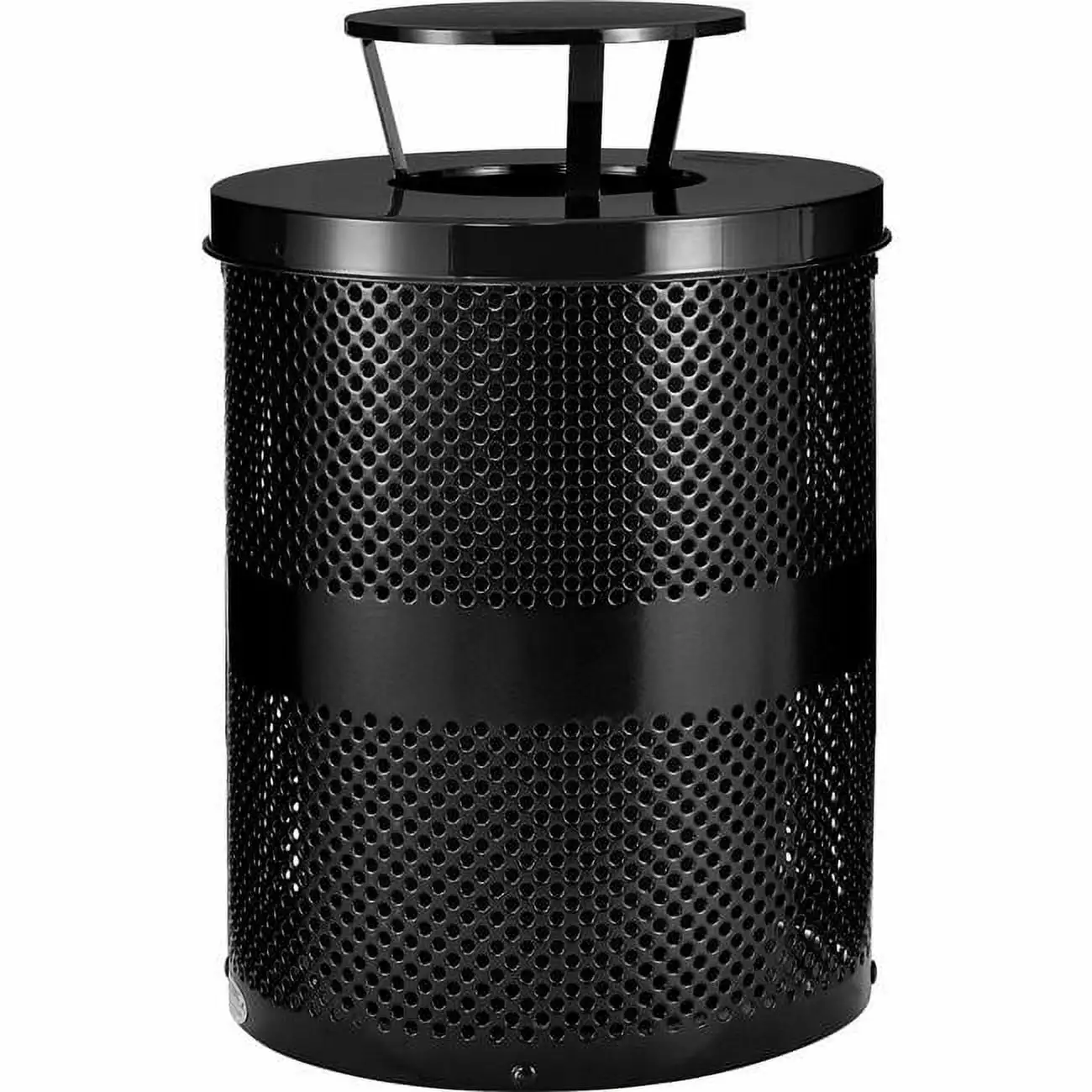 32 gal Outdoor Perforated Steel Trash Can Rain Bonnet Lid. Black Cromo