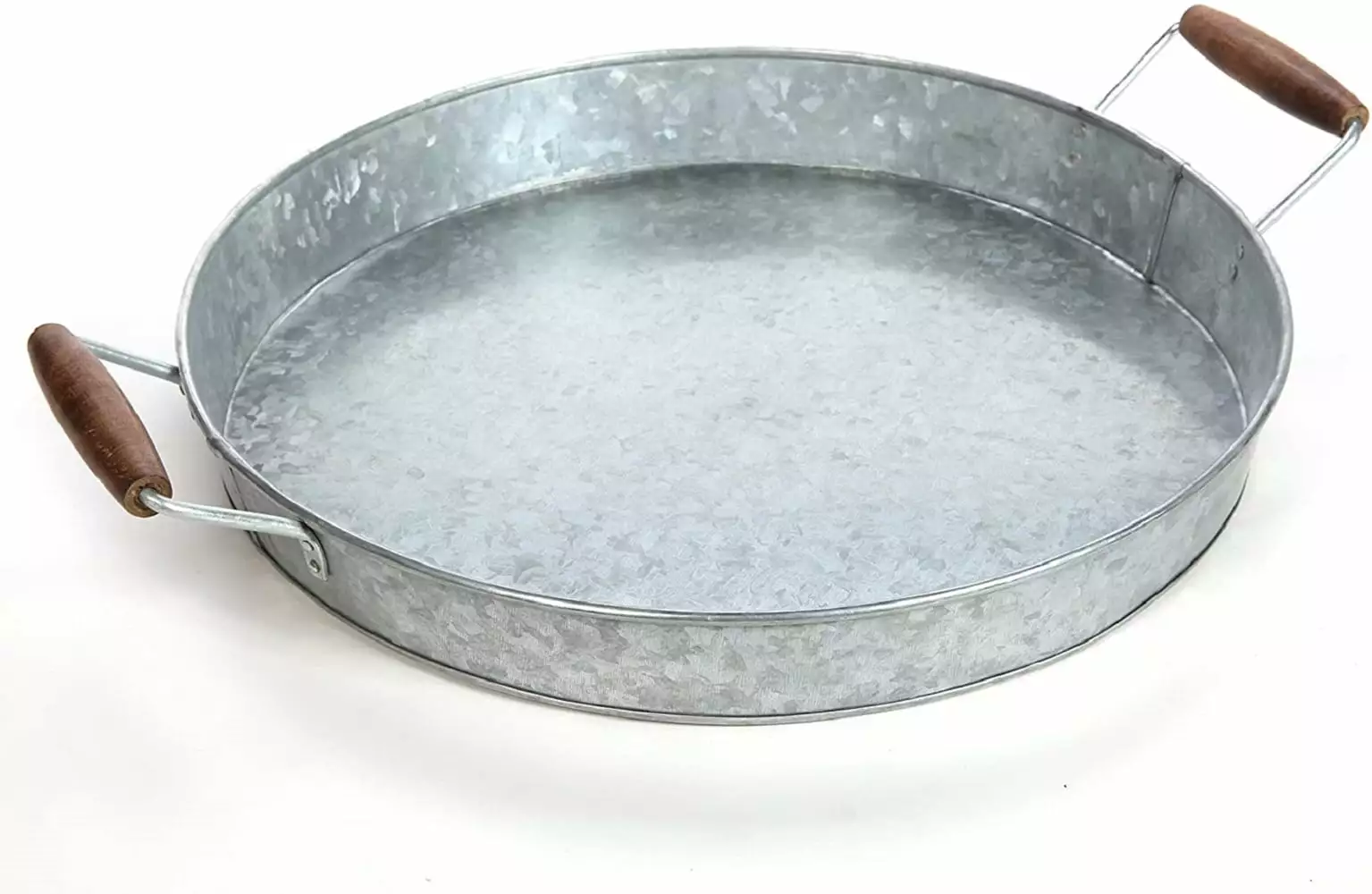 Hosley 16 inch Diameter Galvanized Silver Circle Tray Wooden Handles