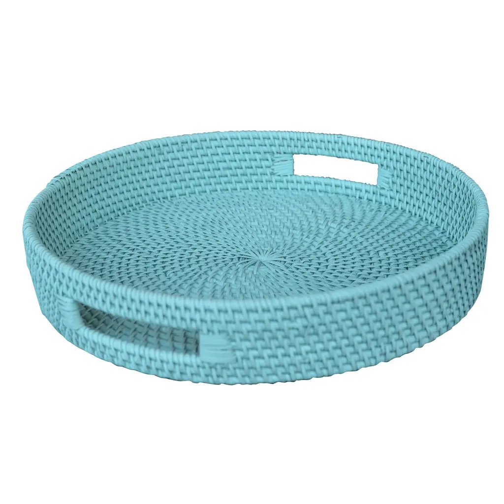 Artisan-made Rattan Lombok Coast Tray Round Influence Blue Rattan Serving Tray royal hampton