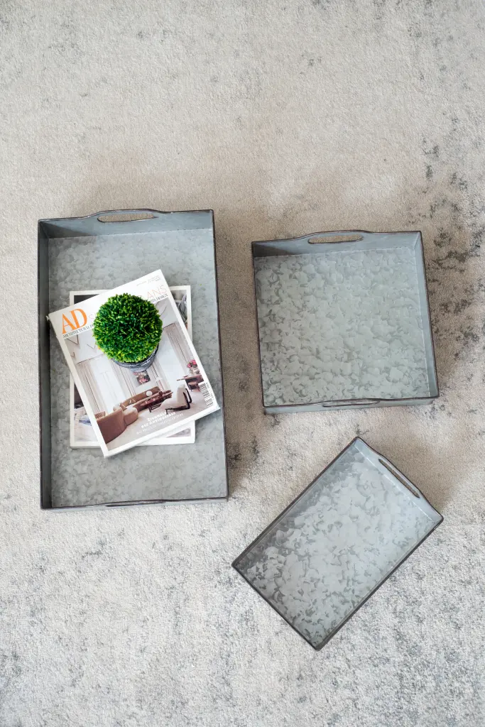 Set 3 Decorative Galvanized Gray Nesting Trays, Gray Iron Storage Organizer w2078