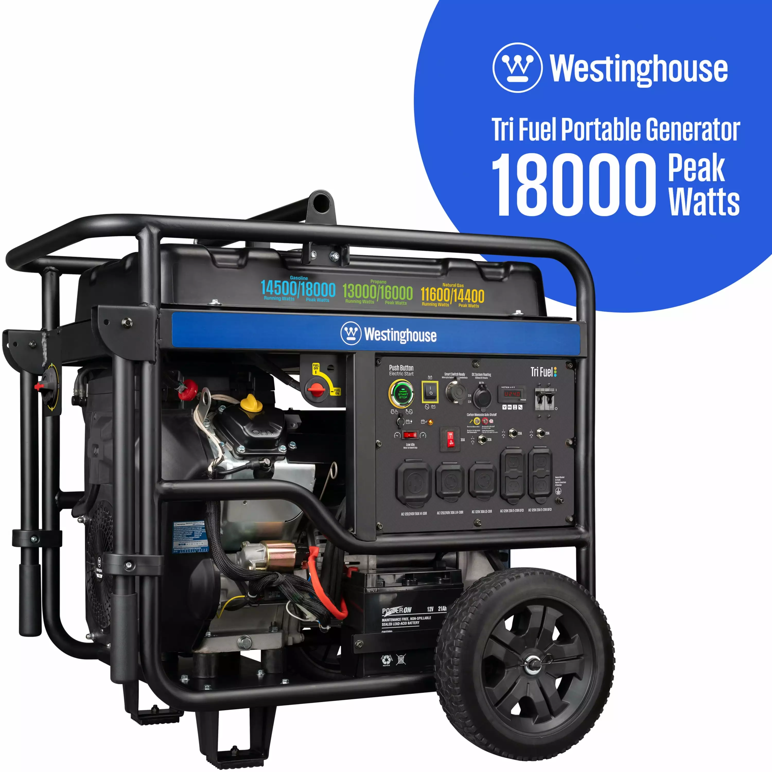 Westinghoutilize 18.000 Peak Watt Tri-Fuel Travel-friendly Generator. Home Backup. CO Sensor Westinghouse