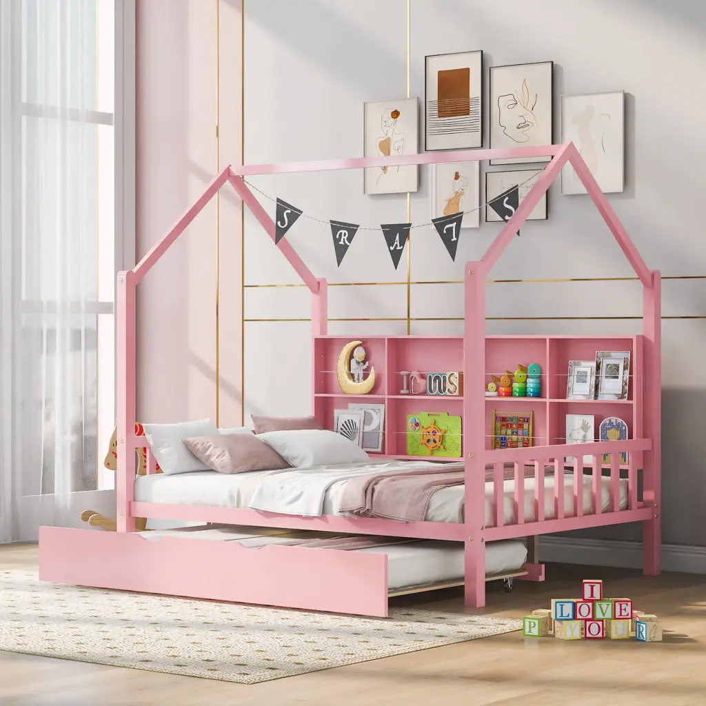 Pink Wooden Full Size Houtilize Bed Trundle and Shelf Kids homey life
