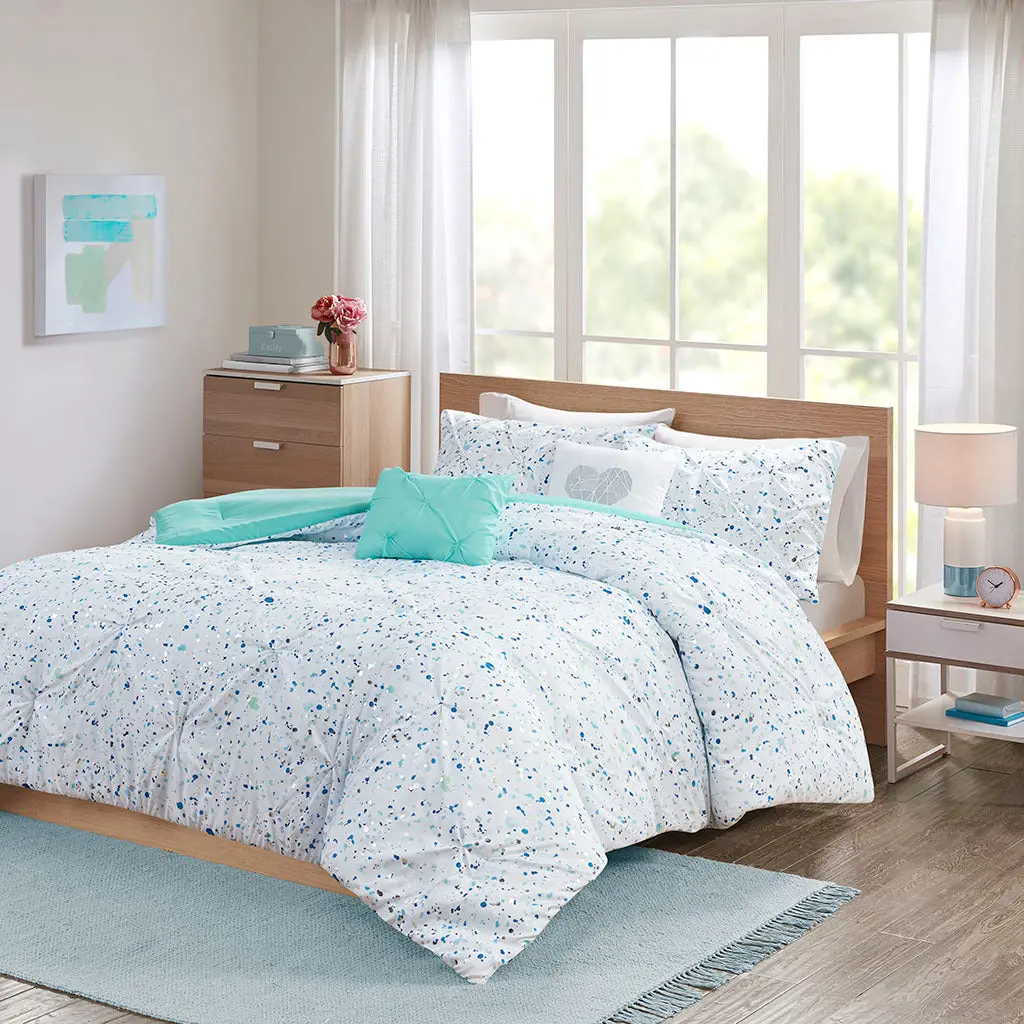 Metallic Printed Pintucked Twin Comforter Set Aqua Blue Polyester jla