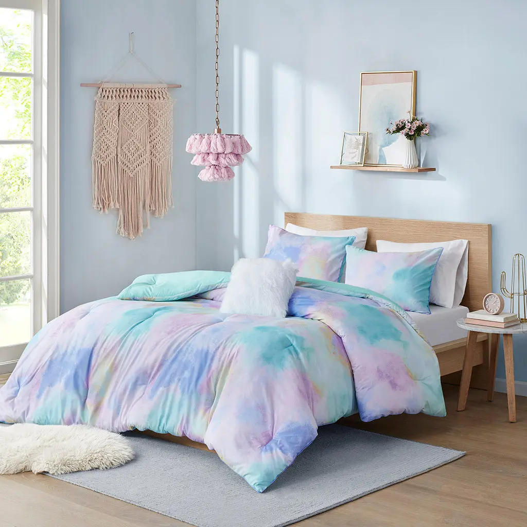 Twin Size Watercolor Tie Dye Printed Comforter Set Throw Pillow Aqua jla