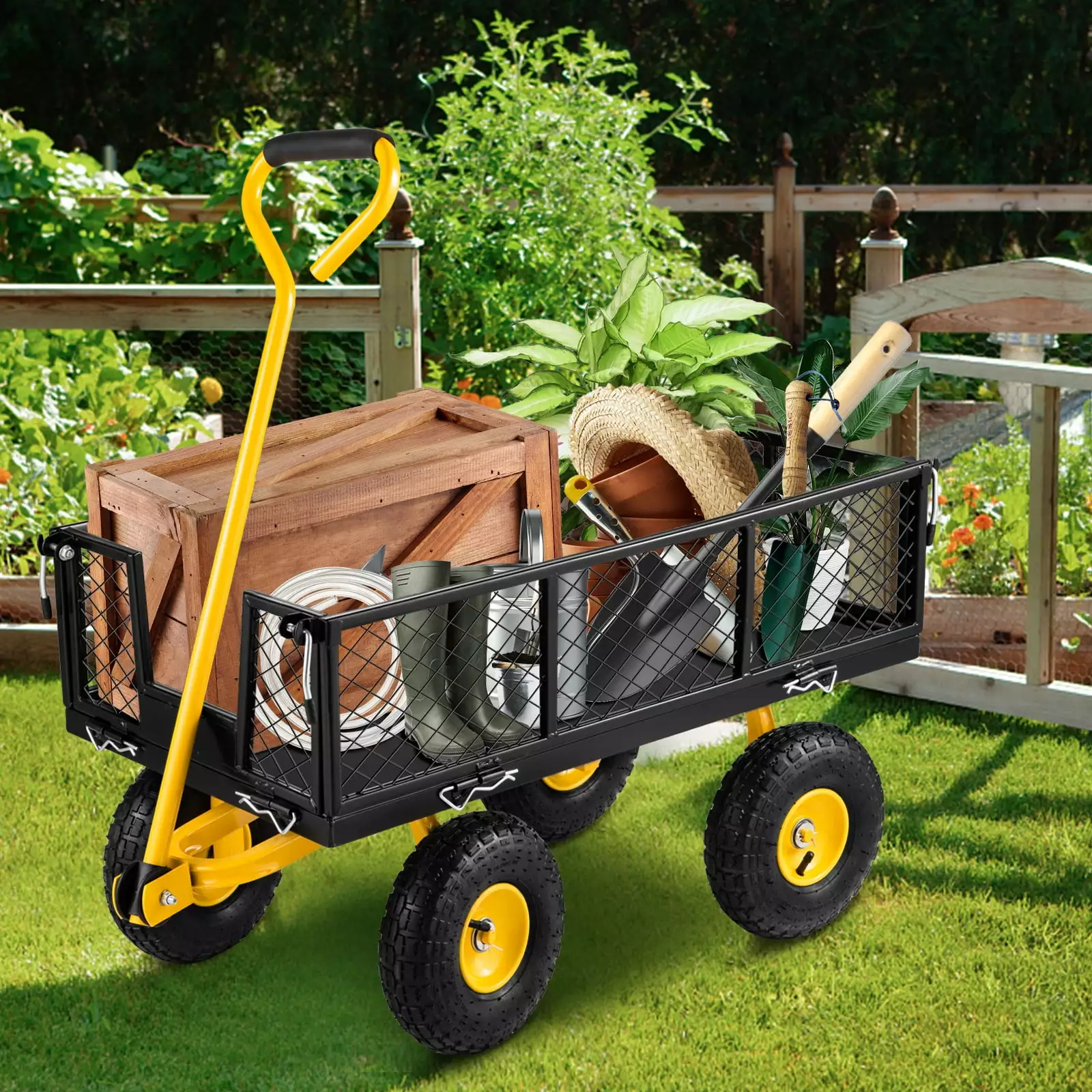SKYSHALO Heavy-Duty Steel Garden Cart Lawn Utility Cart 500 lbs w/ Removable Sides