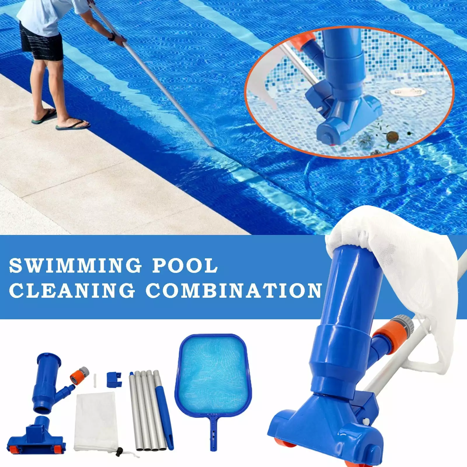Taqqpue Portable Swimming Pool Vacuum Cleaner Leaf Rake and 5 Assembly Rods