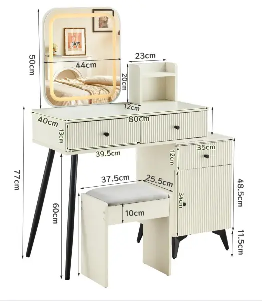 Fluted Makeup Vanity Desk Square LED Mirror And Lights Modern Glam Dressing Table d-n furniture