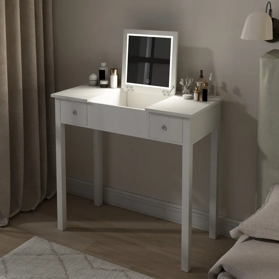Stylish White Vanity Table LED Lights Flip Top Mirror 2 Drawers Makeup Desk familyroom furnitures