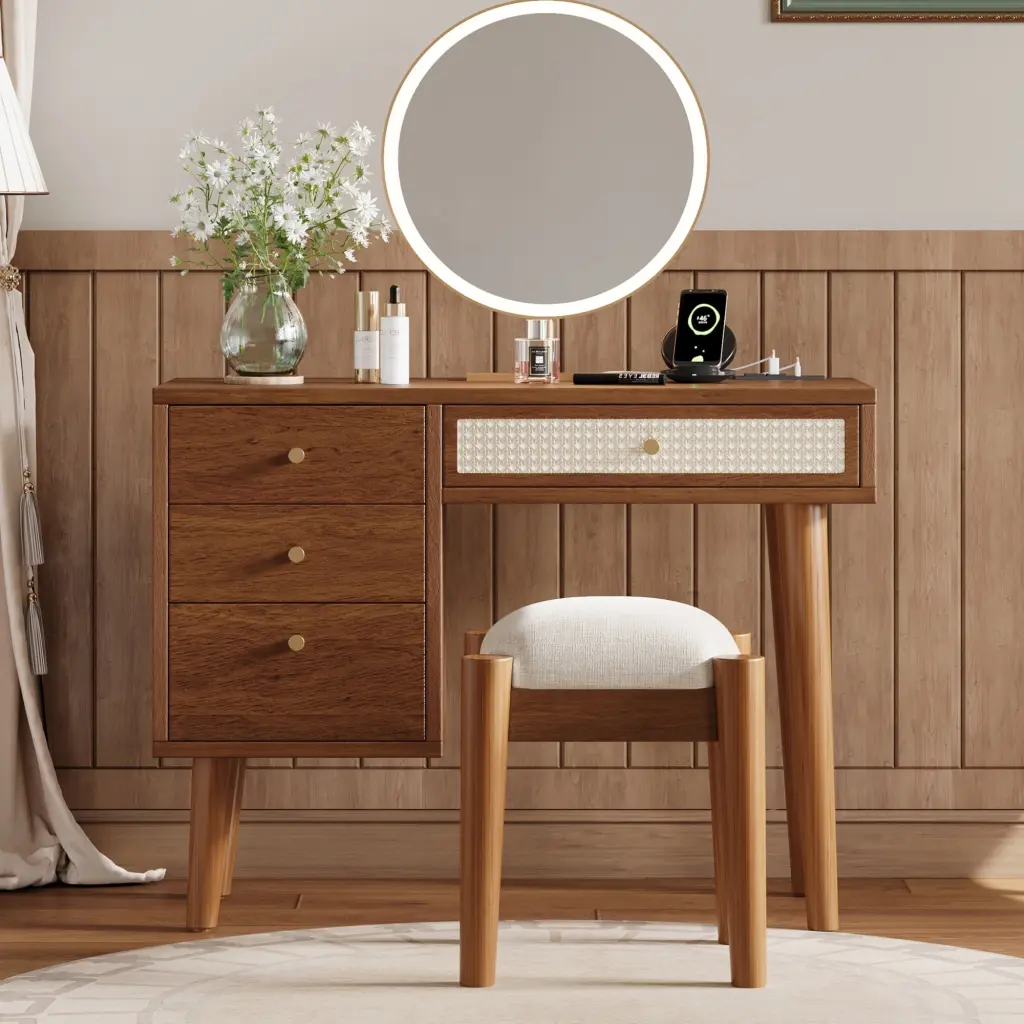 39 Inch Retro Bohemian Wooden Vanity Set Charging Station And Mirror homey life
