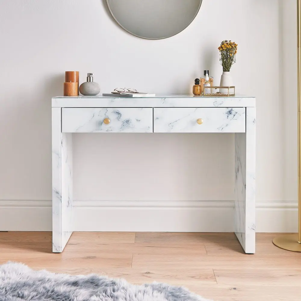 Modern Design Tempered Glass Marble Texture Vanity Table Dressing Table Mirror hongsing furniture