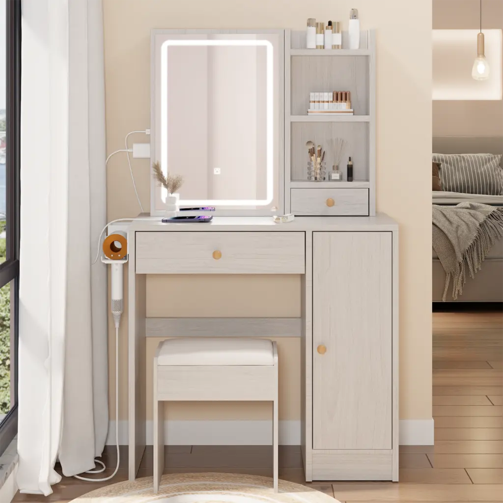 Right Cabinet Desktop Vanity Table Cushioned Stool and 2 AC Power Outlets rnb