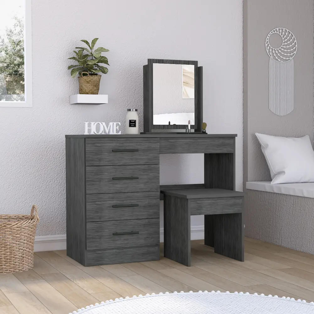 Kaia Makeup Vanity Four Drawers One Mirror and Stool Smokey Oak Gray Dressing Table rta mubles colombia