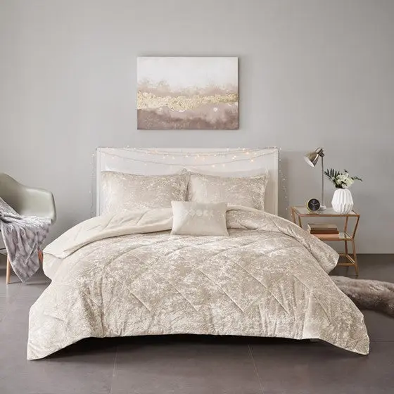 4 Piece Velvet Bed Sheet Set Throw Pillow Full Queen Size Champagne jla