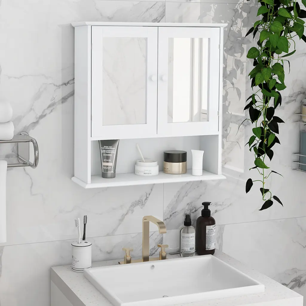 White MDF Bathroom Wall Cabinet Double Mirror Doors and Shelves cl worthy houseware co.-ltd.