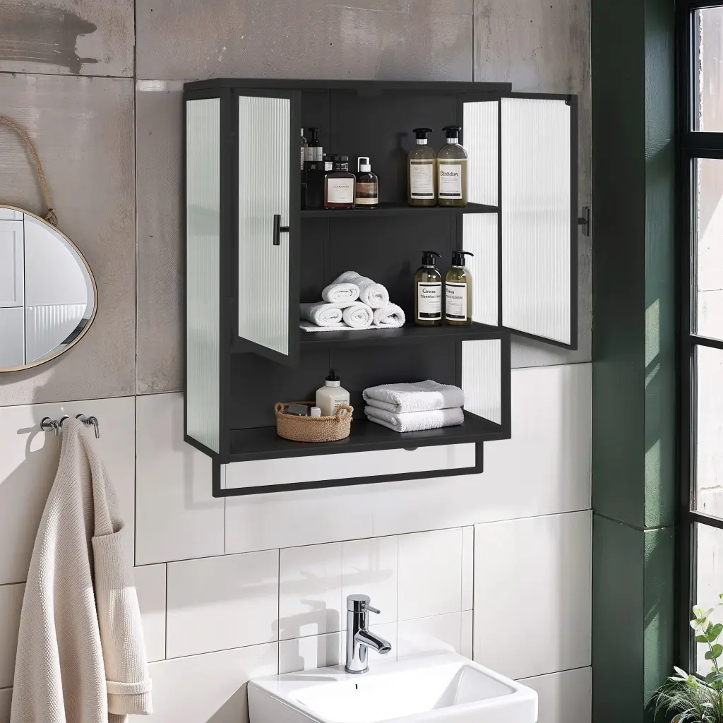 23.62 Inch Glass Doors Modern Two Door Wall Cabinet Two Tier Shelving spribung
