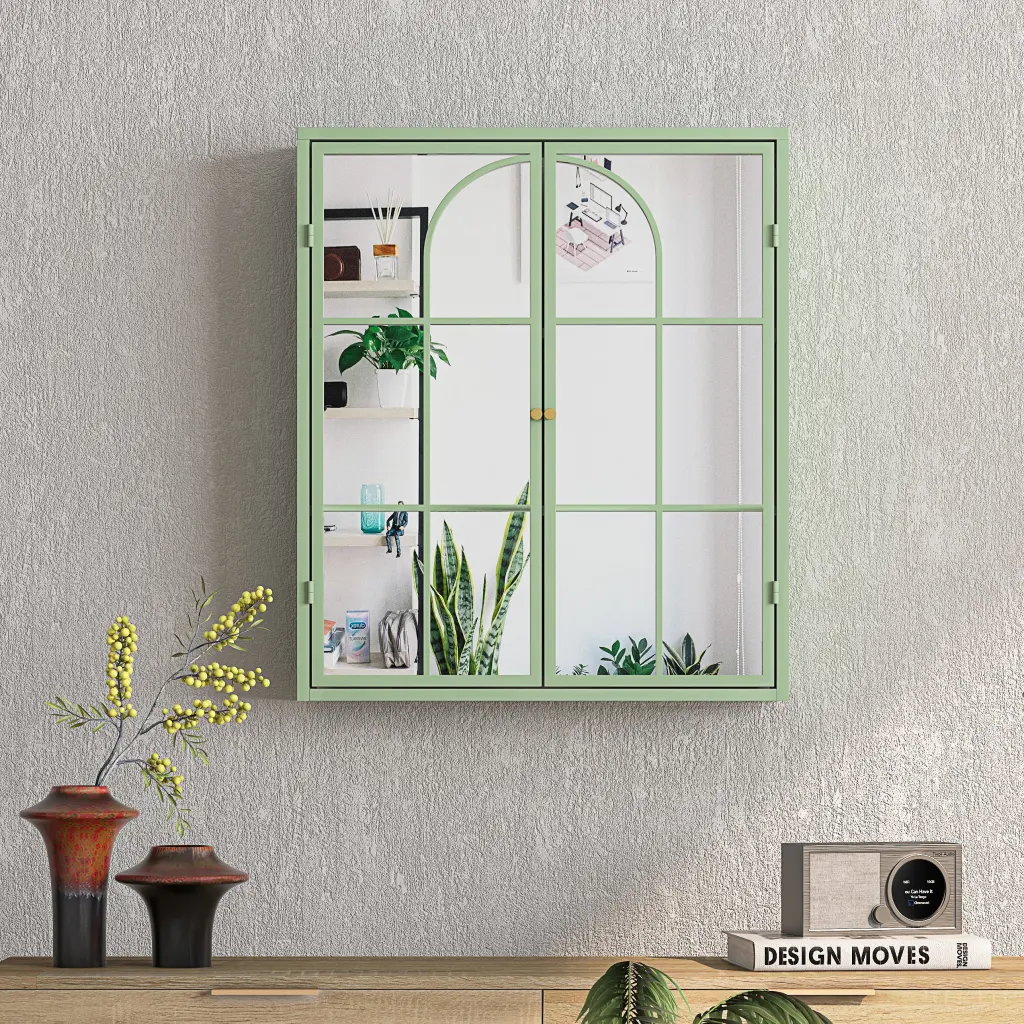 23.62 Inch Vintage Two Door Wall Cabinet Mirror Three Level Storage spribung