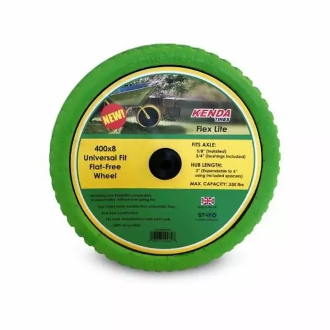 15 . Universal Fit Flex Lite Flat Free Wheelbarrow Wheel. Green Tire