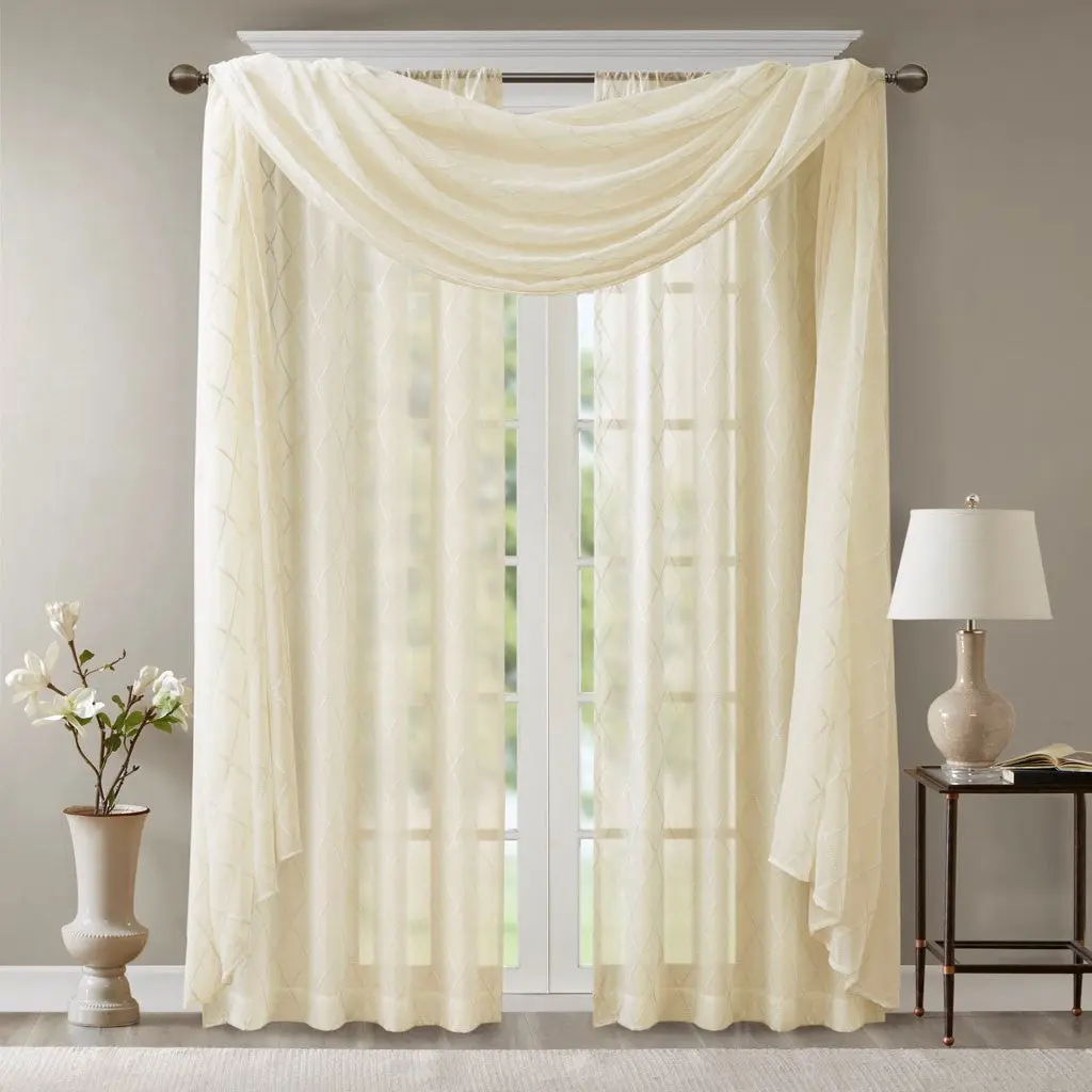 Diamond Sheer Embroidered Window Scarf Ivory Polyester Elegant Curtain jla